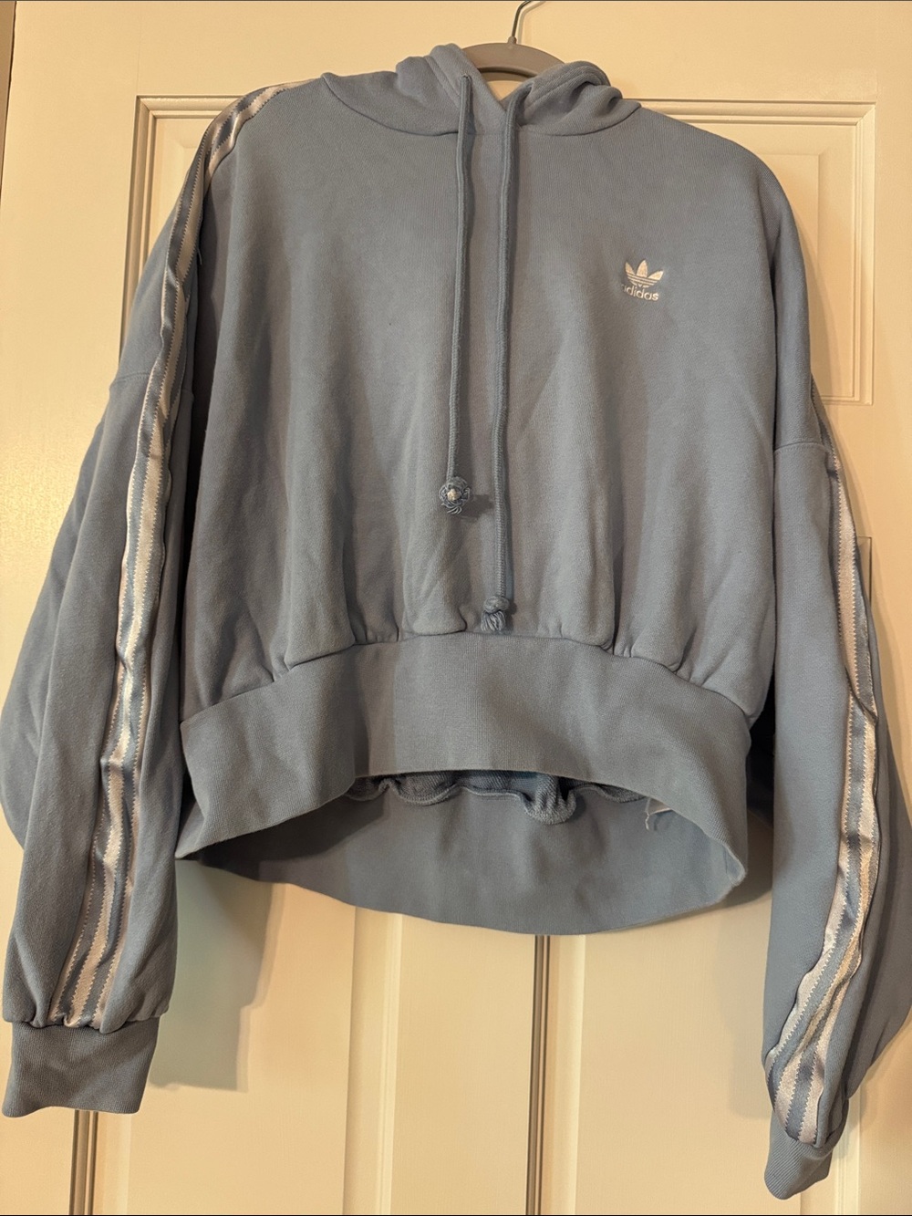 adidas Light Blue Cropped Hoodie with Striped Sleeves